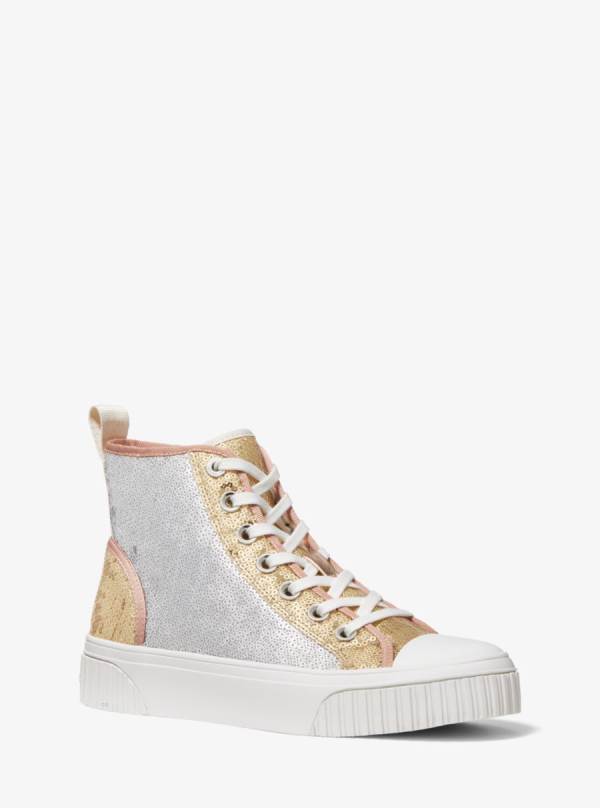 Damske Tenisky Michael Kors Gertie Two-Tone Sequined Canvas High-Top Biele Zlate Žlté - Topanky Michael Kors Lacne | LADGP-5463